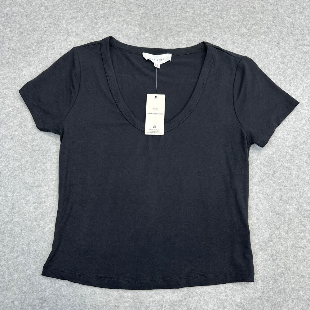 Pink Rose Semi-Crop T-Shirt WMNS L Black Stretch Scoop Neck Short Sleeve Fitted
